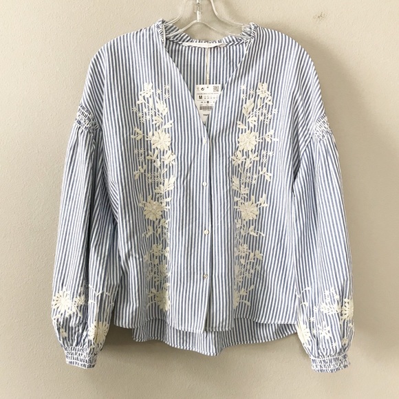 Zara Tops - Zara | Striped Blouse with Floral Embroidery M